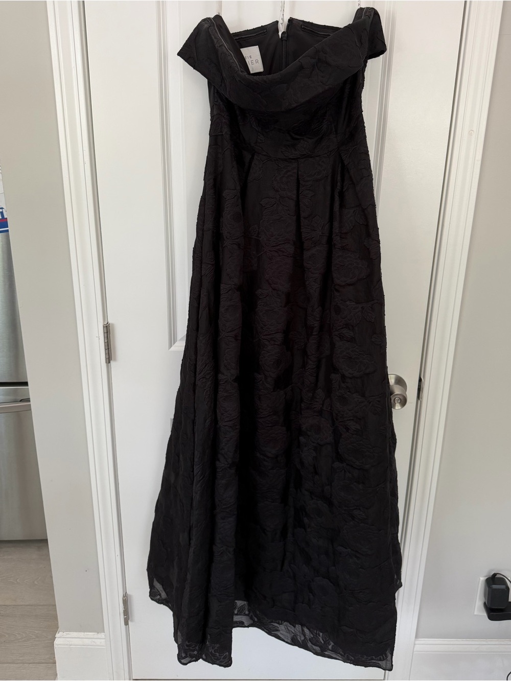 Azazie Black Strapless Floral Jacquard A-Line Dress